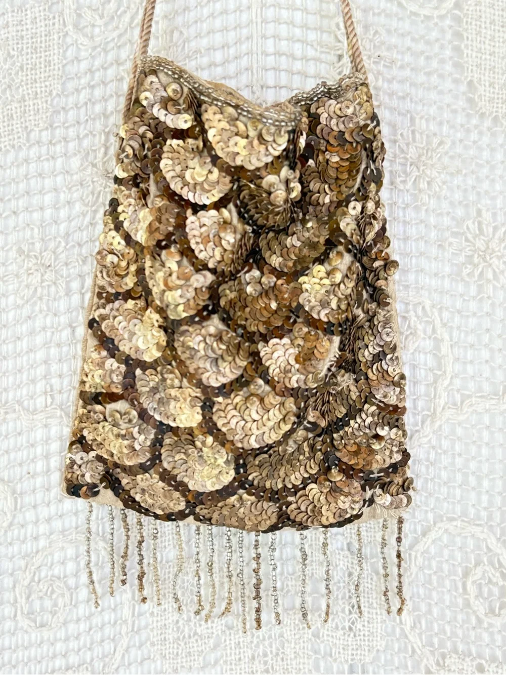 Vintage Gold Sequin Evening Clutch Bag with Fringe